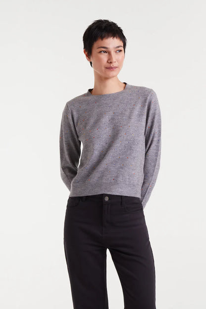 Fine knit grey sweater with multicoloured details