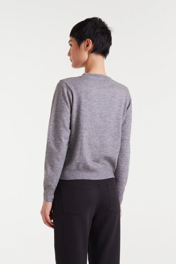 Fine knit grey sweater with multicoloured details