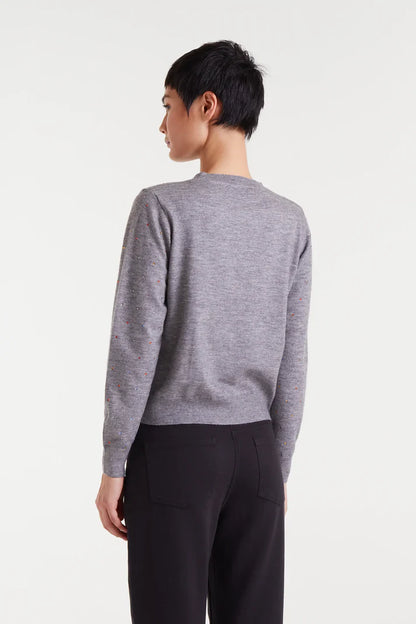 Fine knit grey sweater with multicoloured details