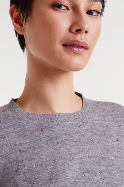 Fine knit grey sweater with multicoloured details