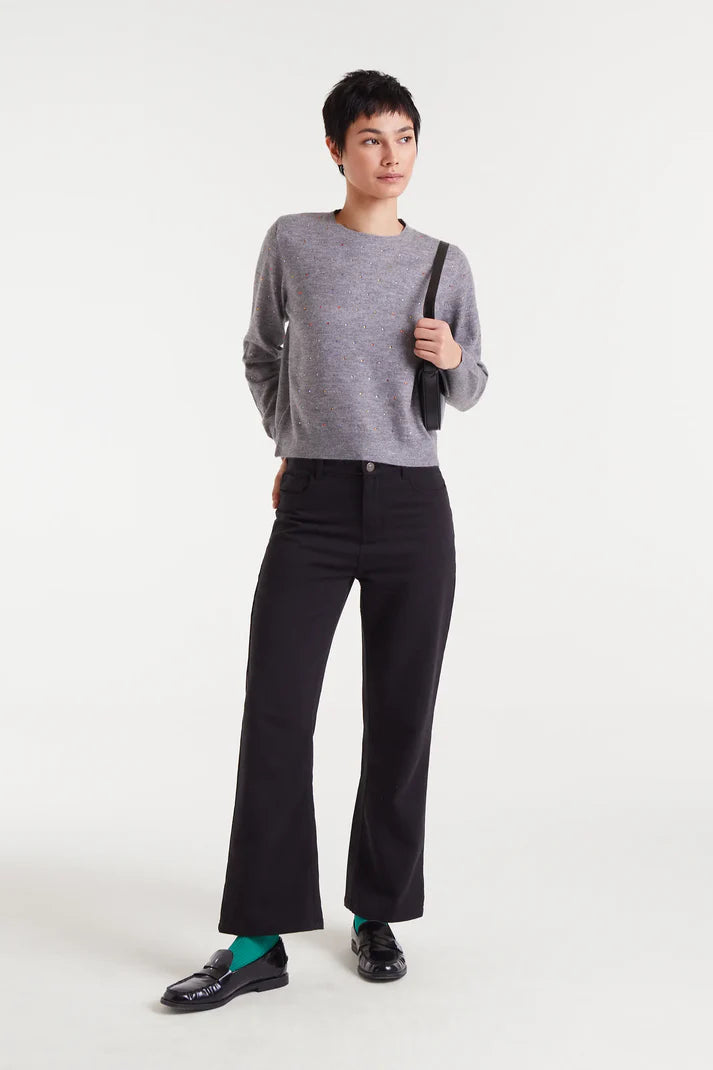 Fine knit grey sweater with multicoloured details