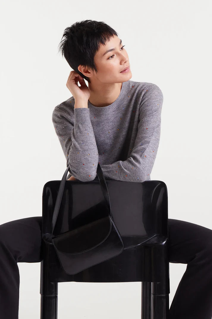 Fine knit grey sweater with multicoloured details