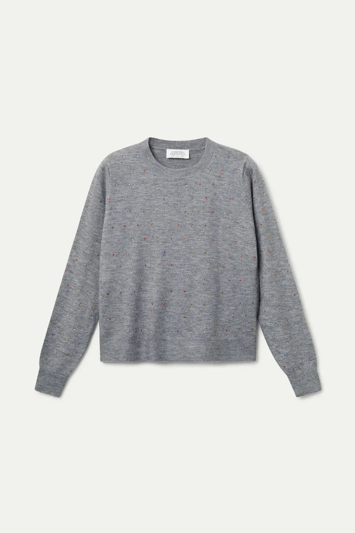 Fine knit grey sweater with multicoloured details