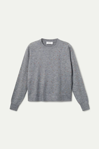 Fine knit grey sweater with multicoloured details