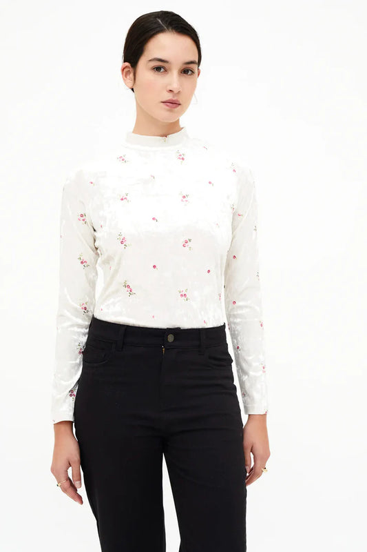 Velvet T-shirt with floral embroidery