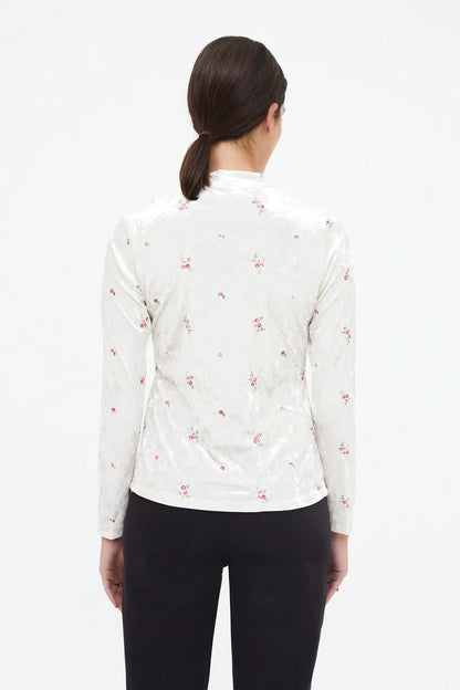 Velvet T-shirt with floral embroidery