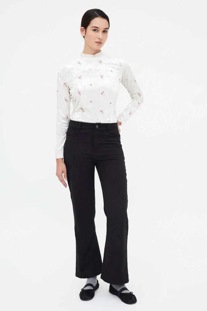 Velvet T-shirt with floral embroidery