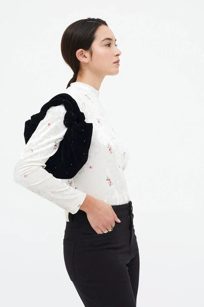 Velvet T-shirt with floral embroidery