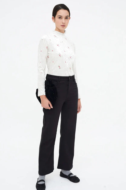 Velvet T-shirt with floral embroidery