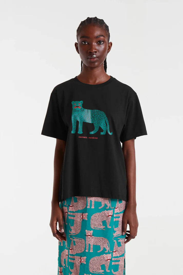 100% cotton black T-shirt with leopard print