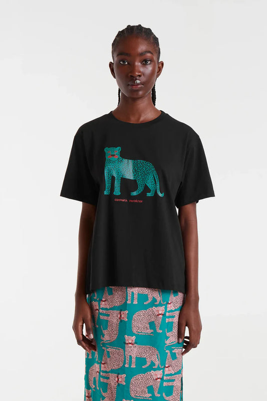 100% cotton black T-shirt with leopard print