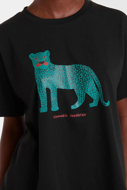 100% cotton black T-shirt with leopard print