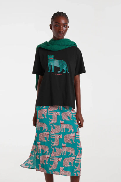 100% cotton black T-shirt with leopard print