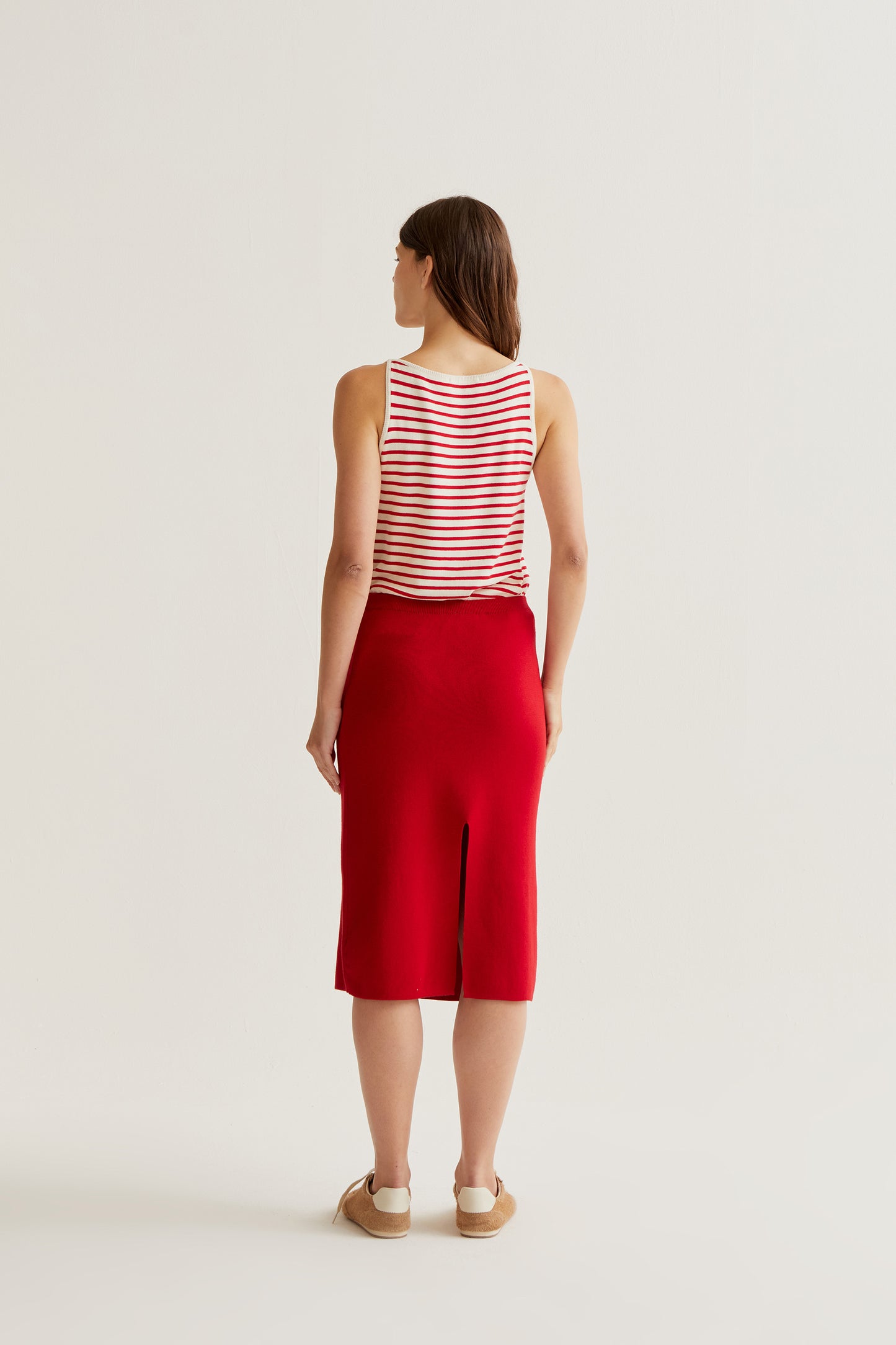 Red knit midi skirt
