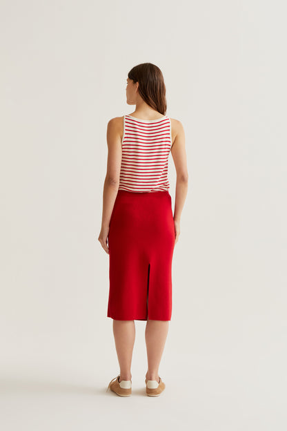 Red knit midi skirt