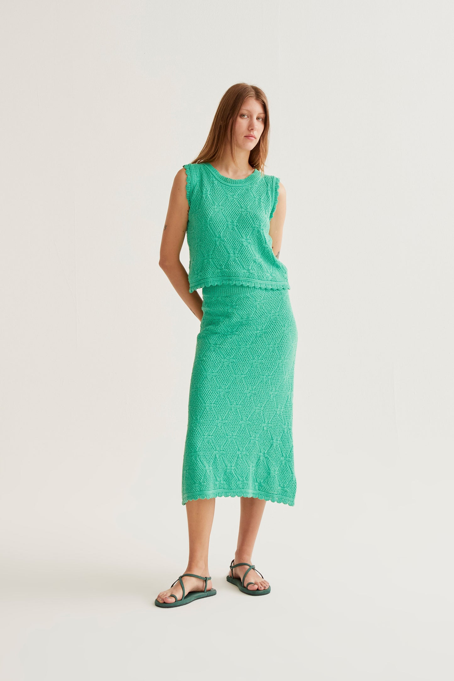 Midi skirt with green chain embroidery