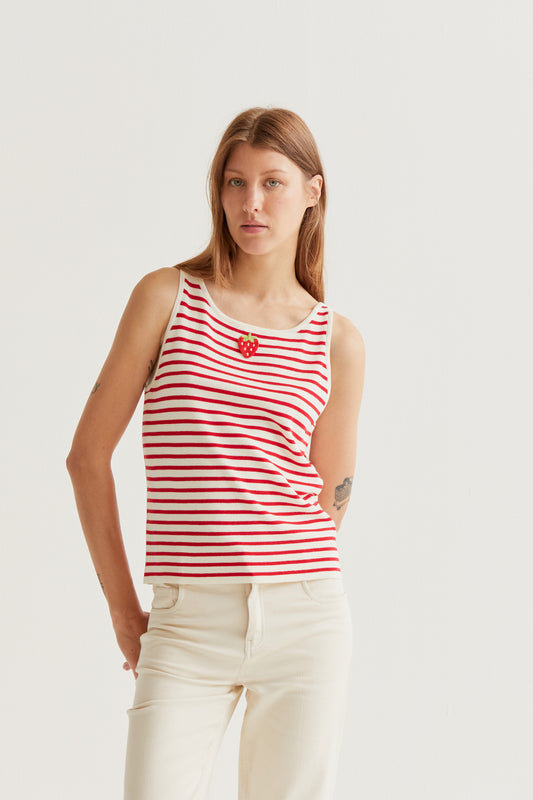 White and red striped top with strawberry embroidery