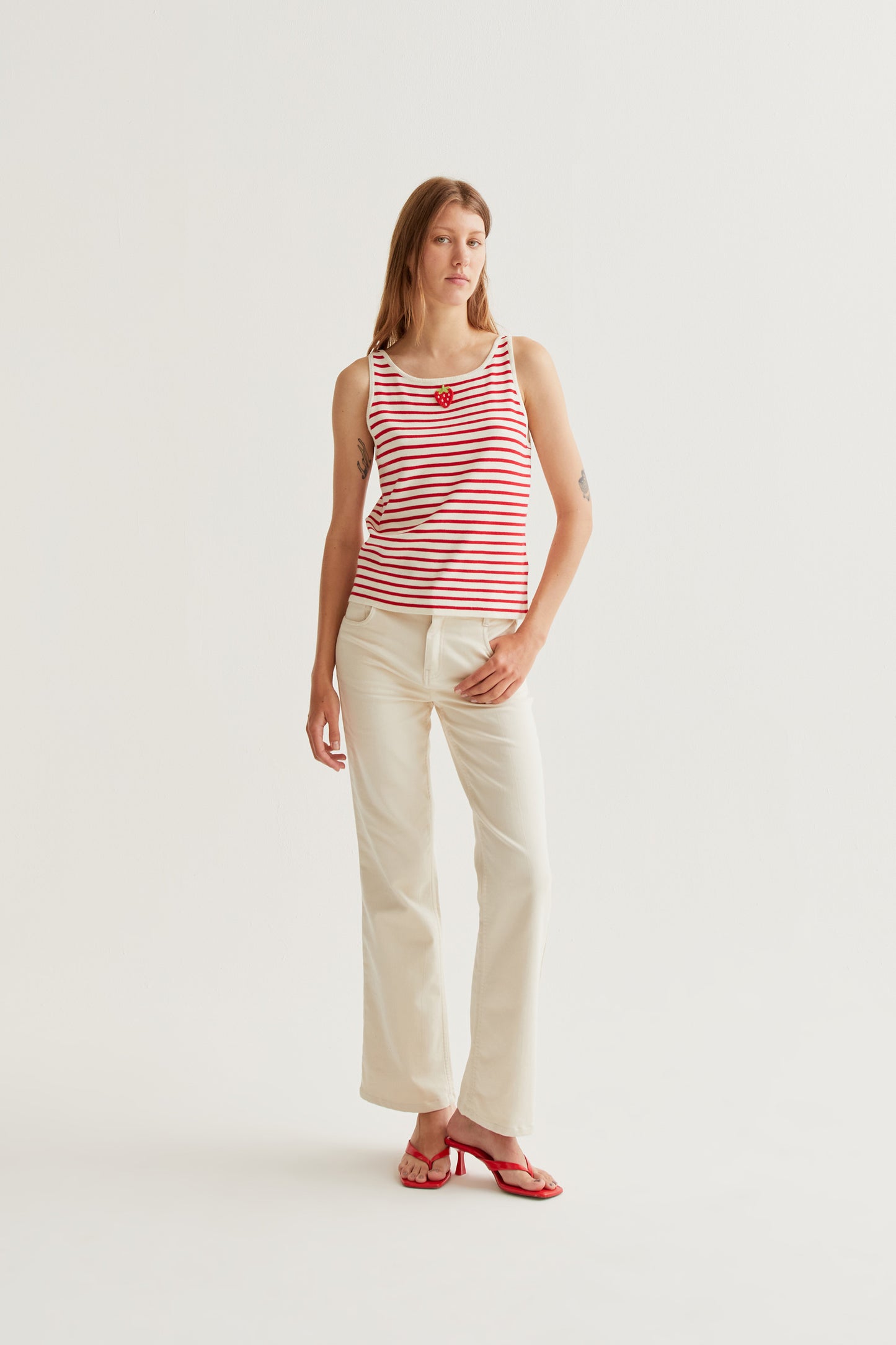 White and red striped top with strawberry embroidery