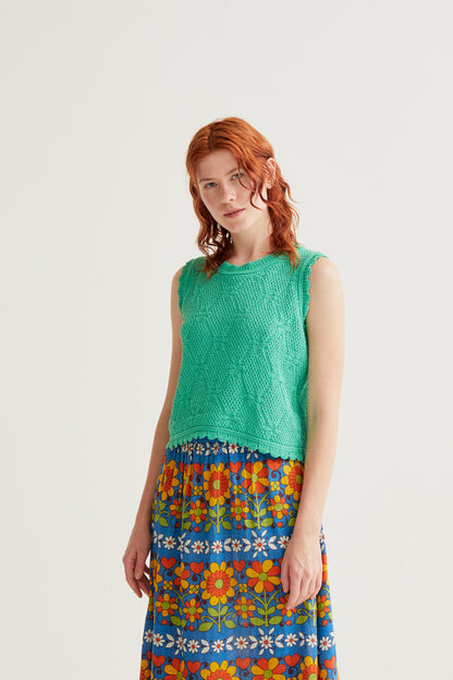 Green chain-stitched embroidered top