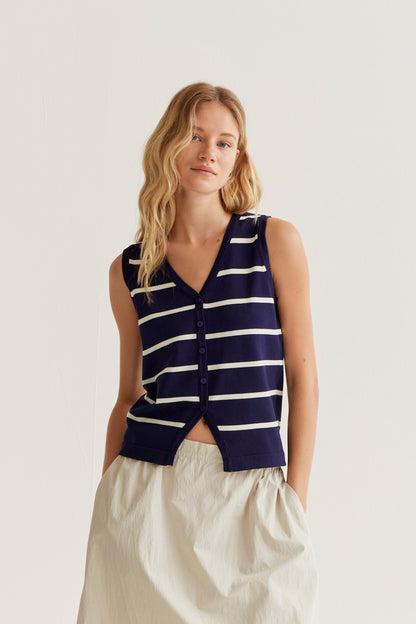 Knitted vest with navy and white striped print
