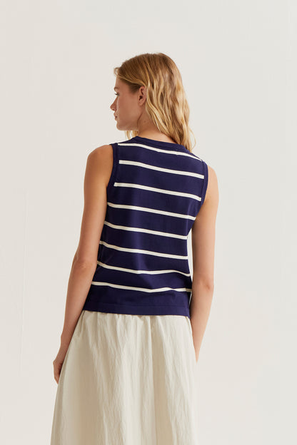 Knitted vest with navy and white striped print