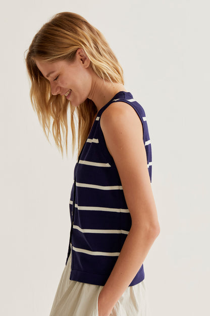 Knitted vest with navy and white striped print