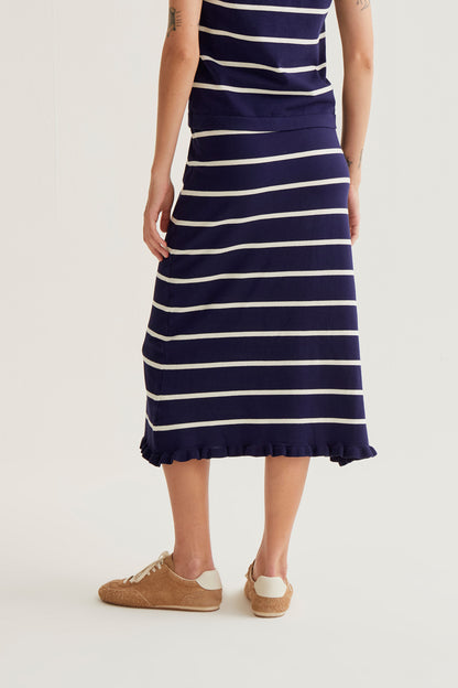 Navy and white striped knit midi skirt