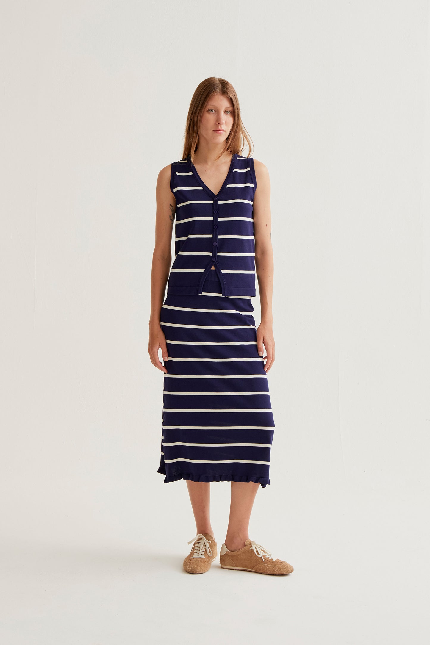 Navy and white striped knit midi skirt