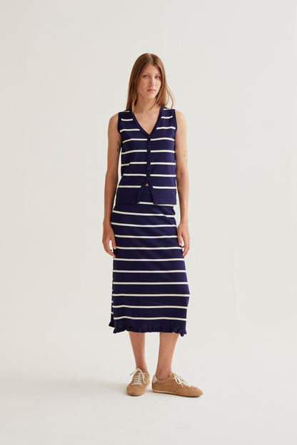 Navy and white striped knit midi skirt