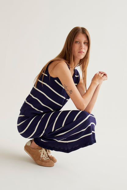 Navy and white striped knit midi skirt