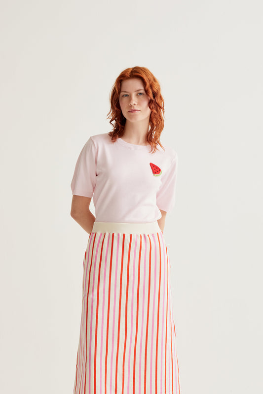 Pink knit top with watermelon embroidery