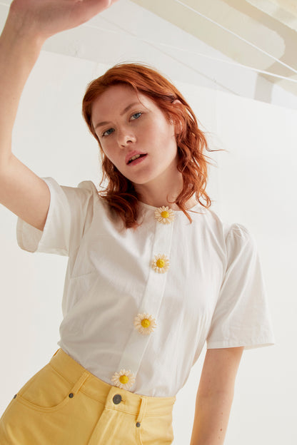 100% cotton top with floral buttons