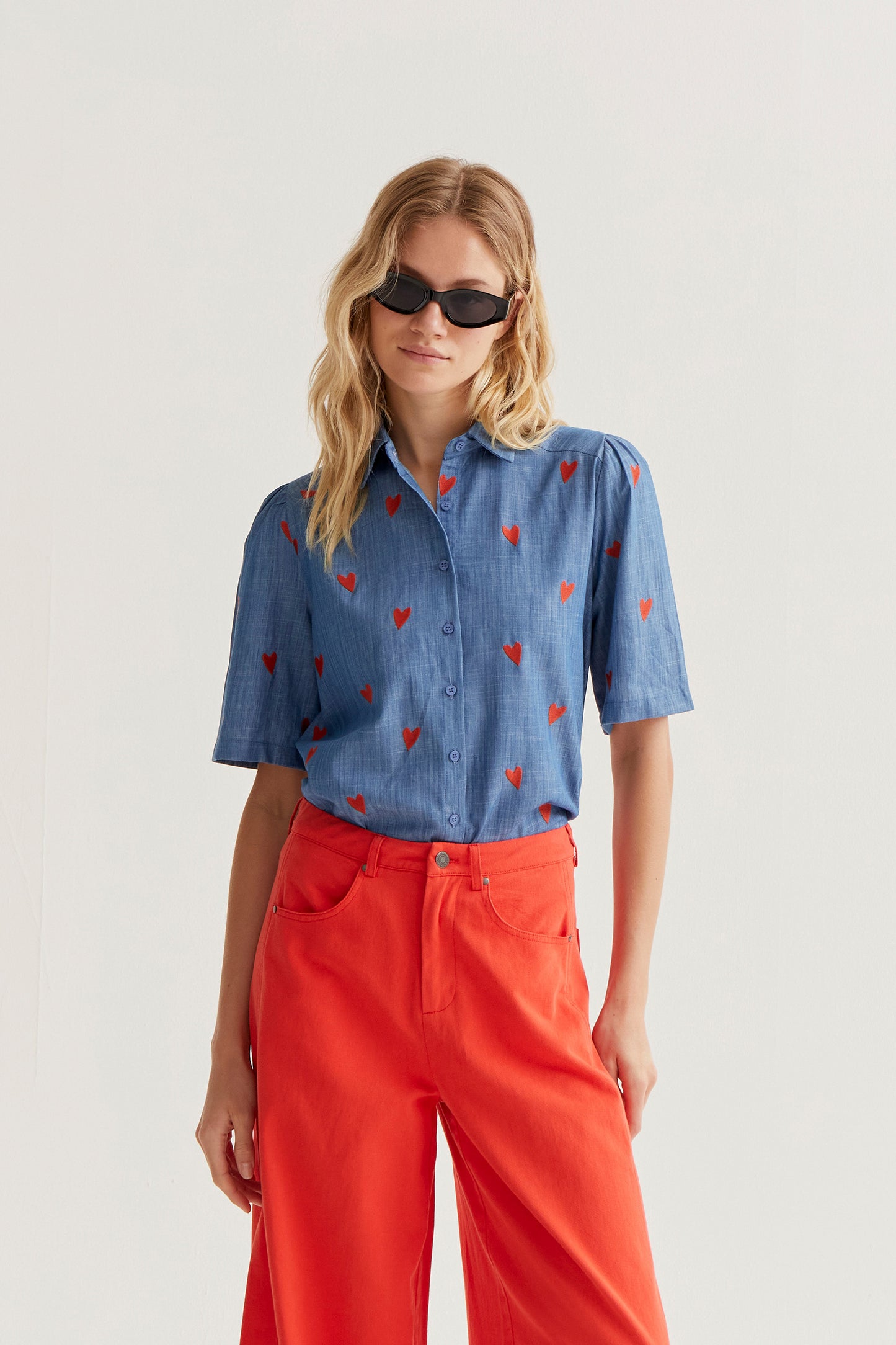 100% cotton chambray shirt with embroidered hearts