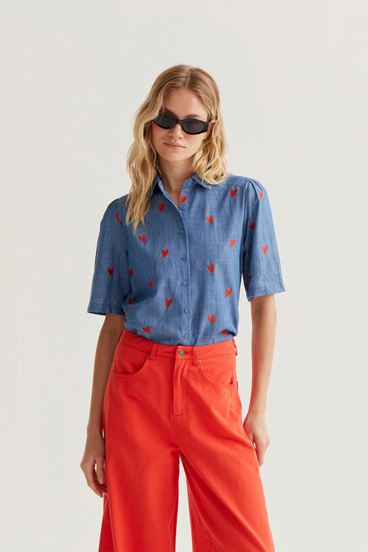 100% cotton chambray shirt with embroidered hearts
