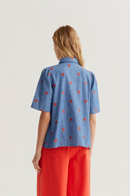 100% cotton chambray shirt with embroidered hearts