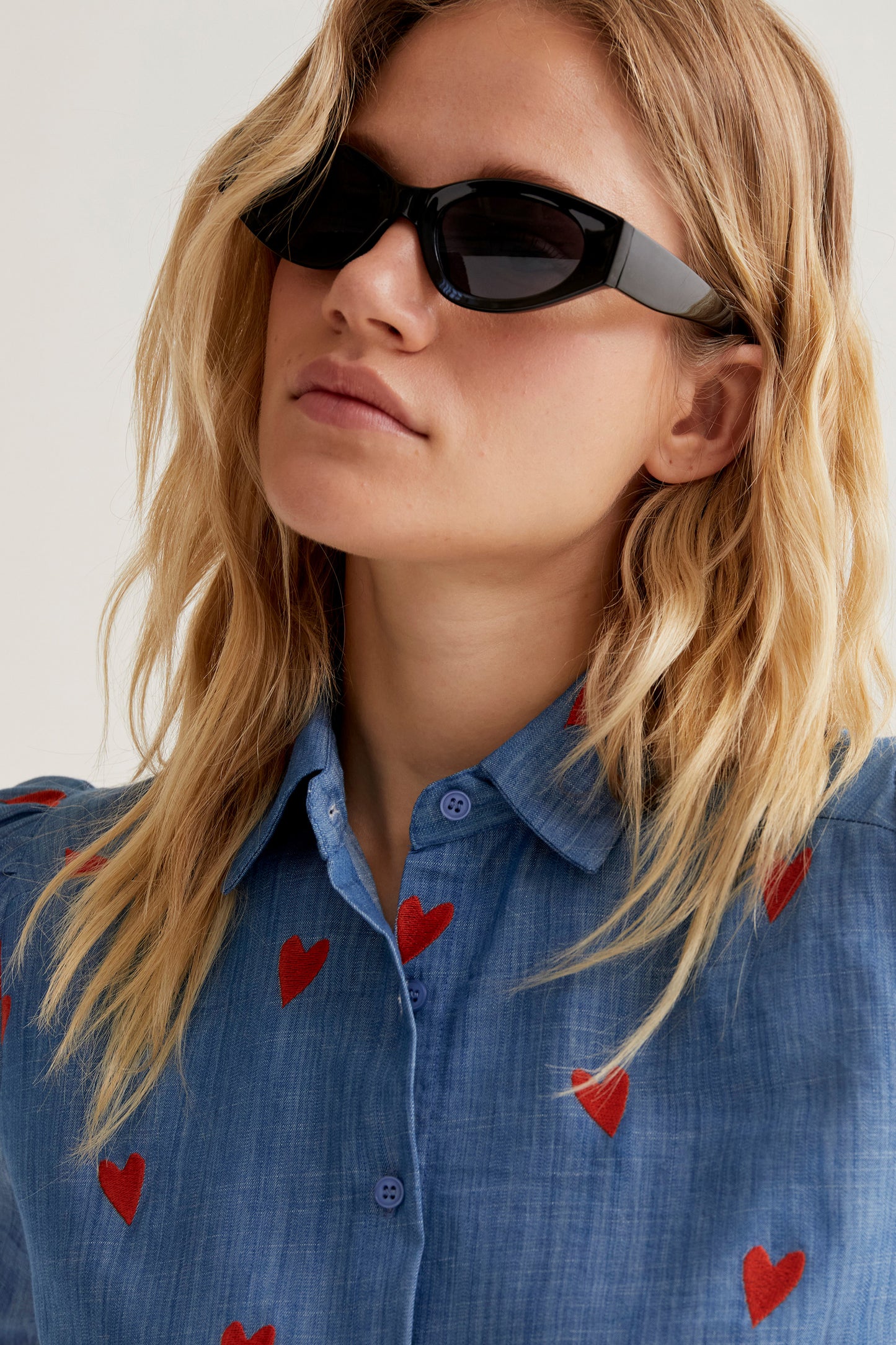 100% cotton chambray shirt with embroidered hearts