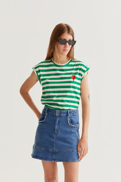 T-shirt with green striped print and tulip embroidery
