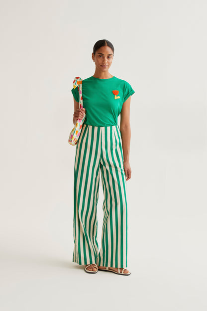 Green t-shirt with red tulip embroidery