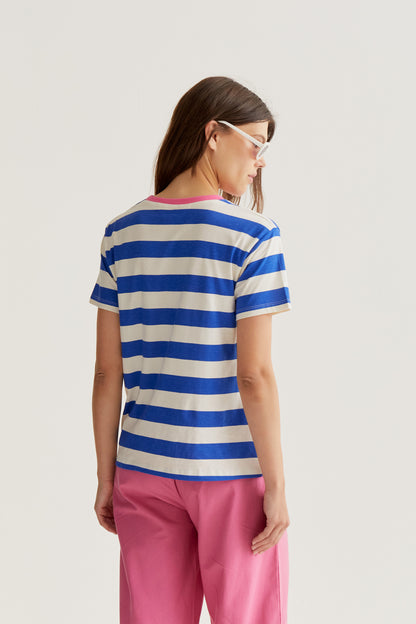 T-shirt with blue and white striped print