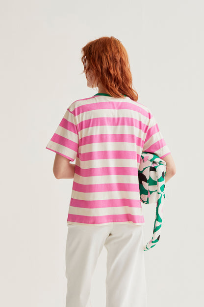 T-shirt with pink and white striped print