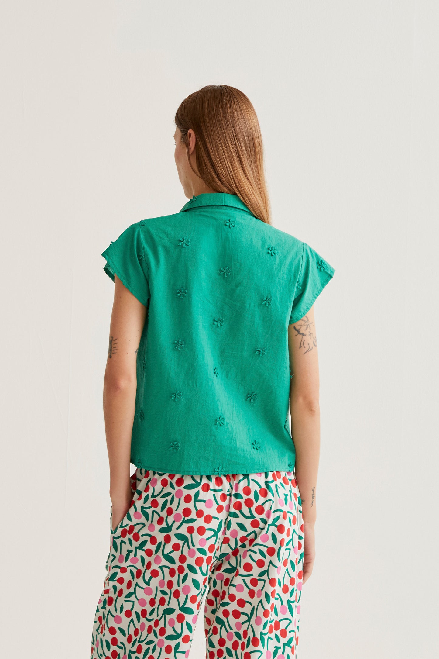 100% cotton green shirt with floral embroidery