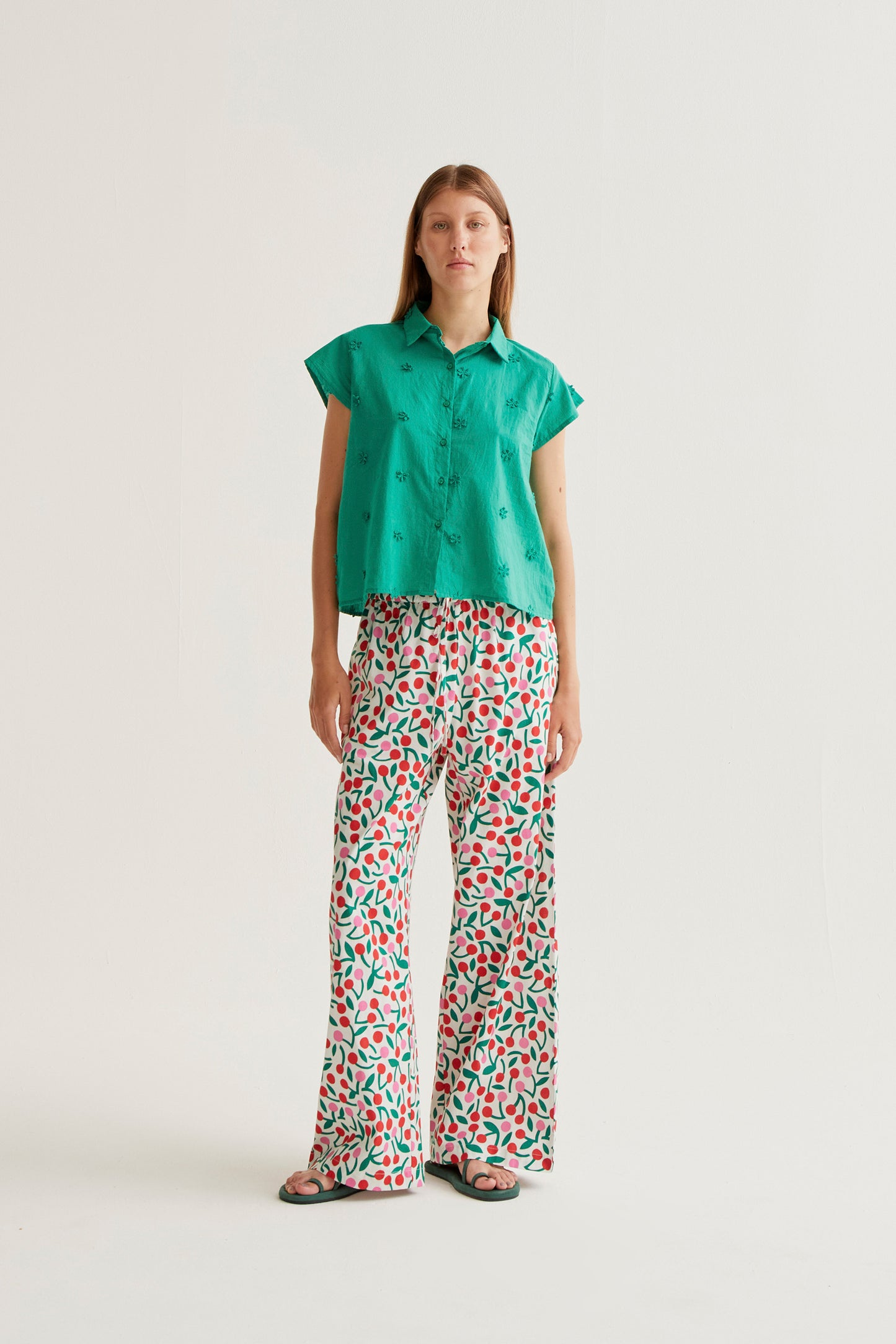 100% cotton green shirt with floral embroidery