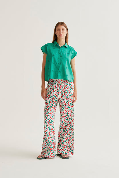 100% cotton green shirt with floral embroidery