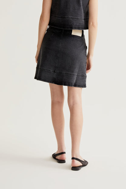 Black denim skirt with ruffle detail