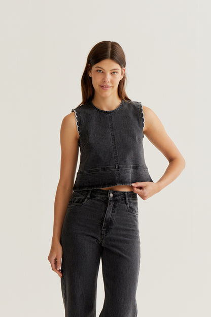 Black denim top with wavy details