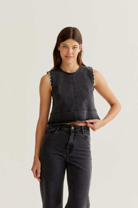 Black denim top with wavy details