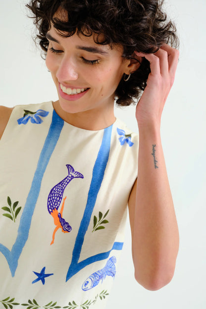 Long dress with Palm and Mermaid print