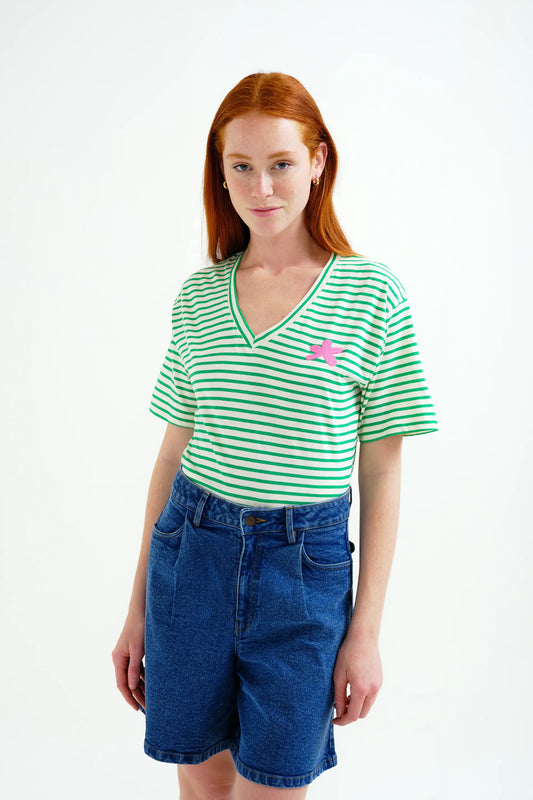 T-shirt with white and green striped print