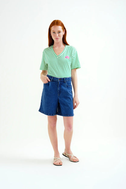 T-shirt with white and green striped print
