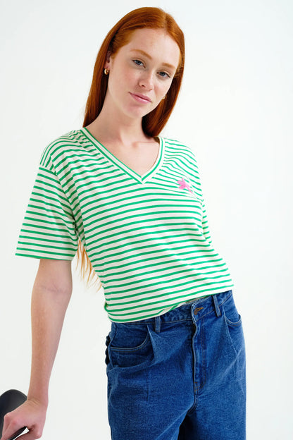 T-shirt with white and green striped print